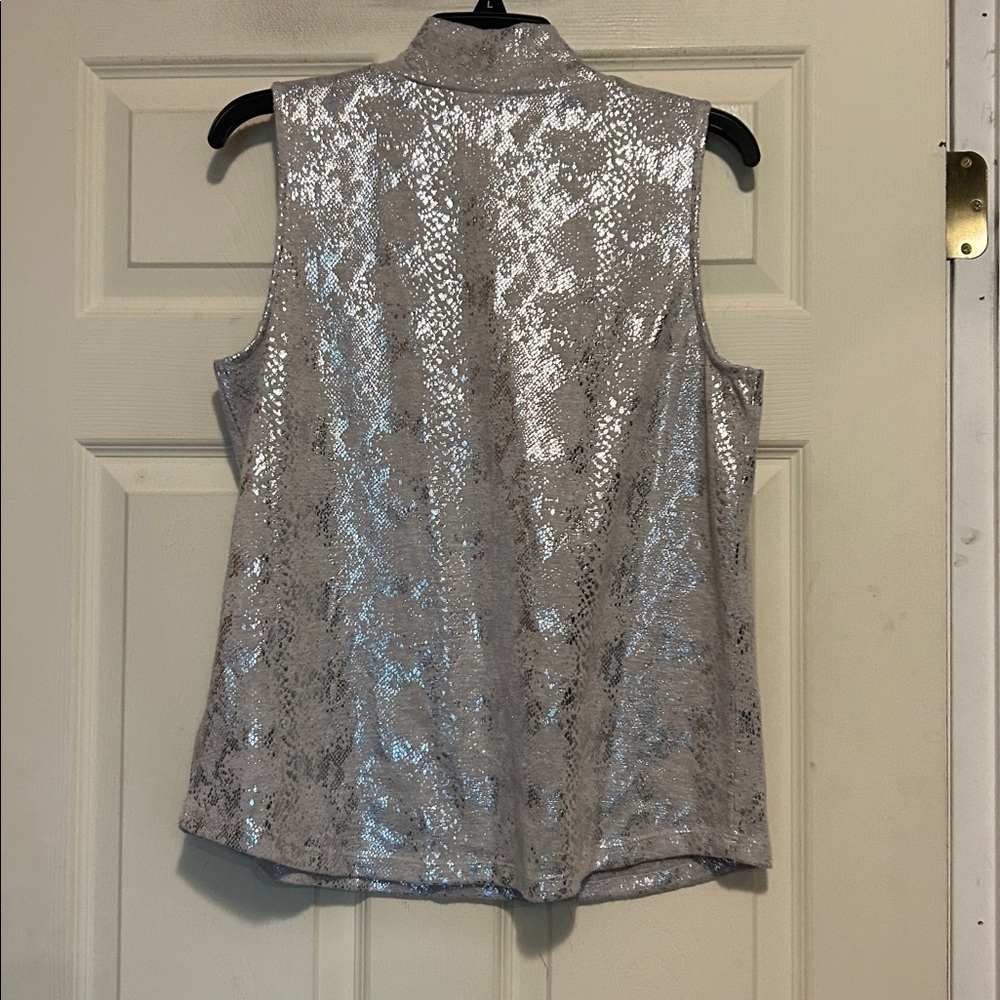Jones New York Mock Neck Gray Foil Silver Animal Print Sleeveless Top Size Large - Picture 6 of 7